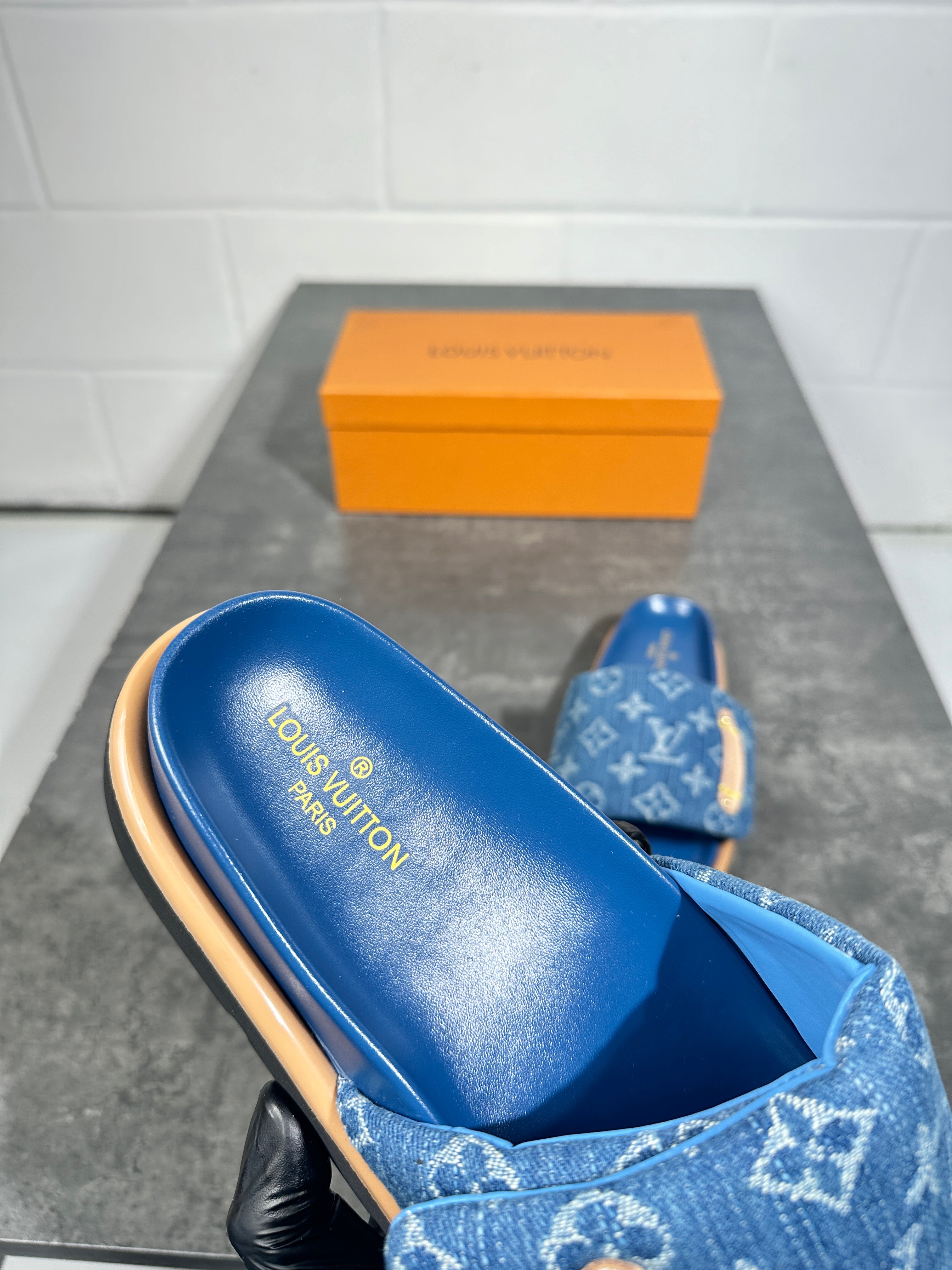 Lv - denim pillow slide