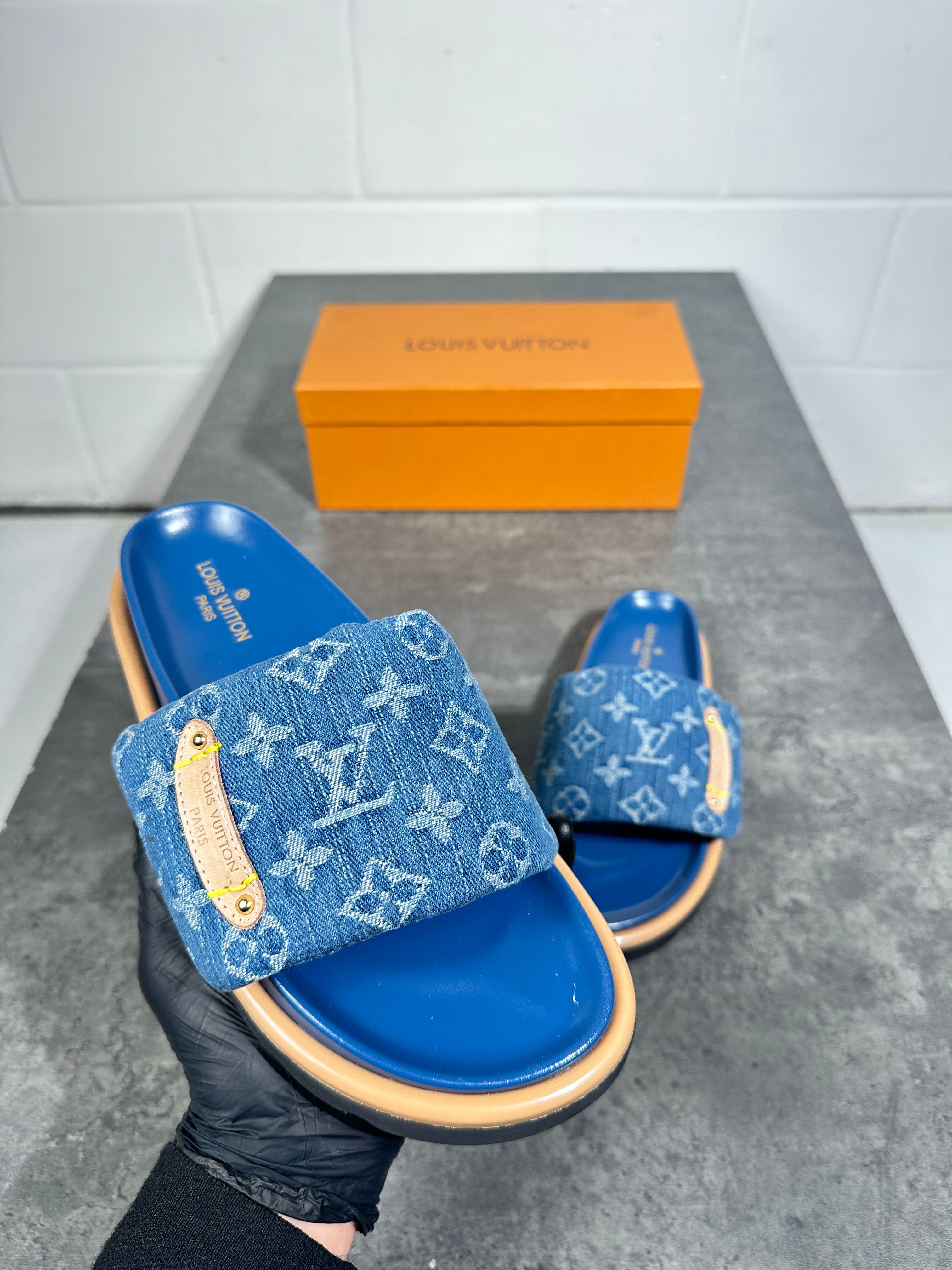 Lv - denim pillow slide